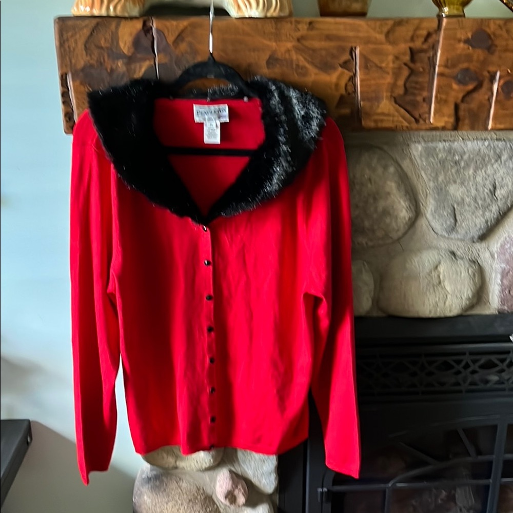 Red Sweater with Faux Fur Collar